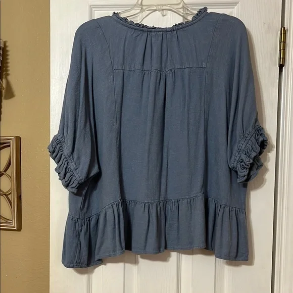 Umgee Denim Blue Ruffled Blouse - Picture 3 of 3